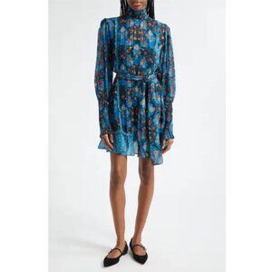 Farm Rio Arabesque Floral Long-Sleeve High-Neck Mini Dress